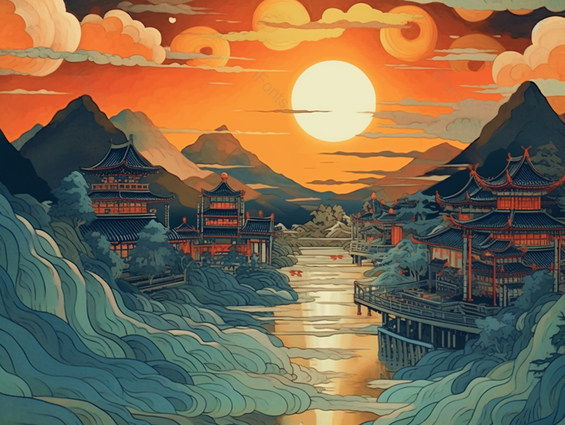落日江南古建筑全景图中国风古建筑中国画背景,插画/手绘图,插画/手绘图库,插画/手绘图下载,插画/手绘